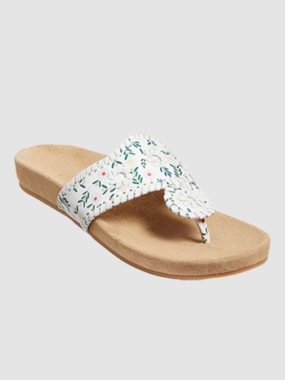 Jack Rogers Comfort Leather 1" Thong Sandal White Daisy Floral Print, size 9M